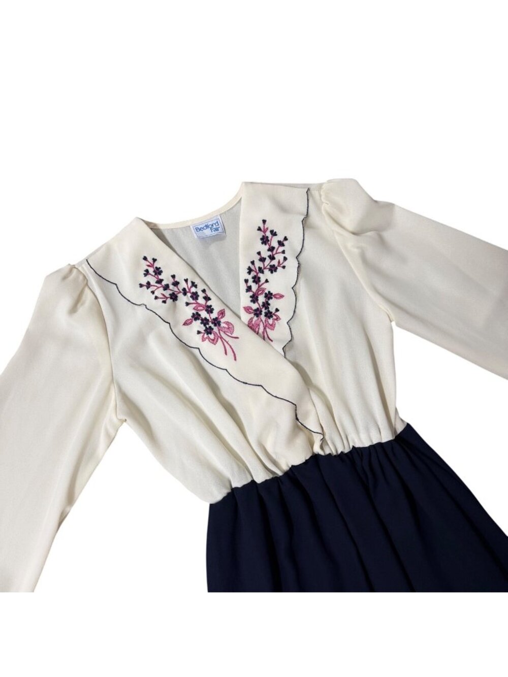 Floral Dress Navy Blue Cream Embroidered Flowers Elastic Waist 1980s Vintage